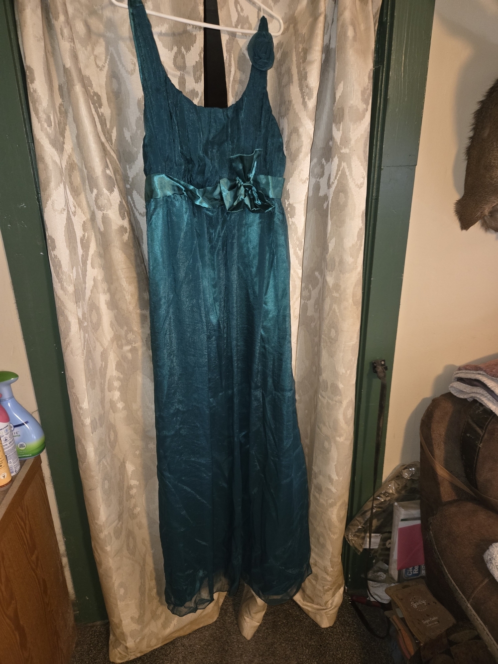 Satin Teal Maxi Dress with Waist Bow